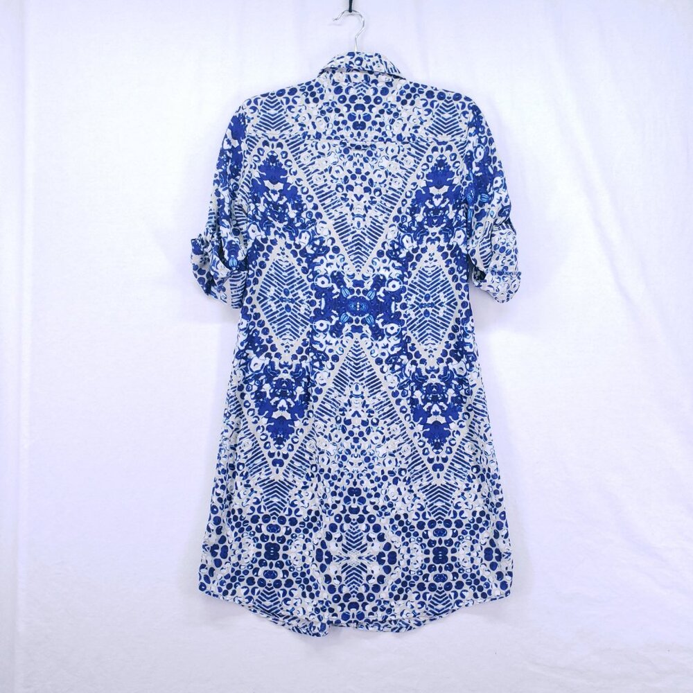 Cabi Blue & White Abstract Print Button Down Short Jewel Shirt Dress Size S - Picture 13 of 16